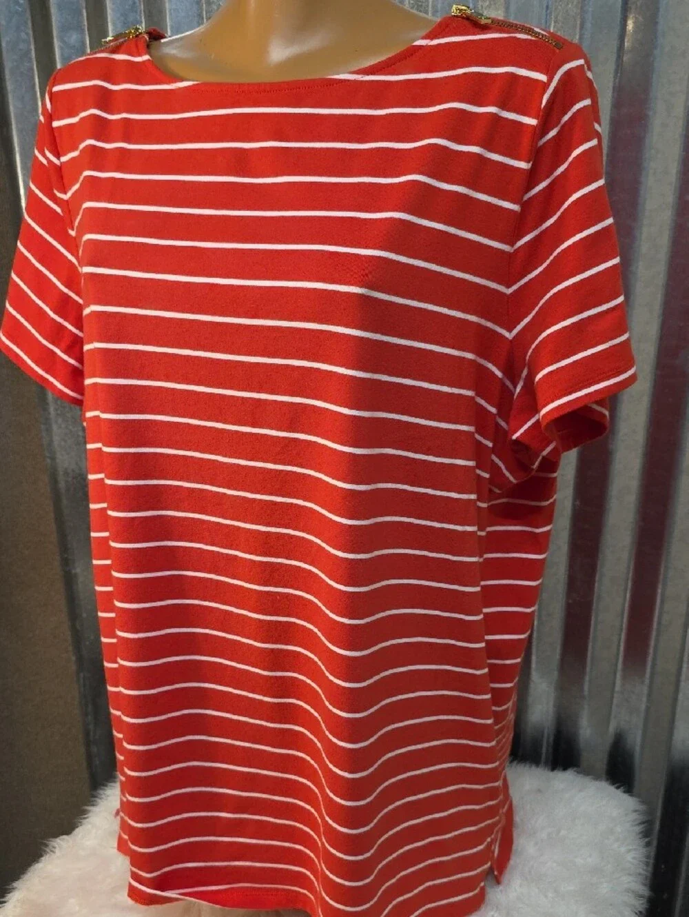 Michael Kors Orange and White Striped Short Sleeve Top w/ Gold Shoulder Accents